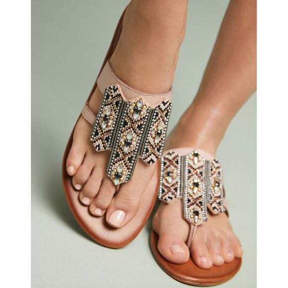 ANTHROPOLOGIE Embellished Beaded Boho Thong Leather Sandals 39 8.5 Pink Brown - Picture 2 of 11